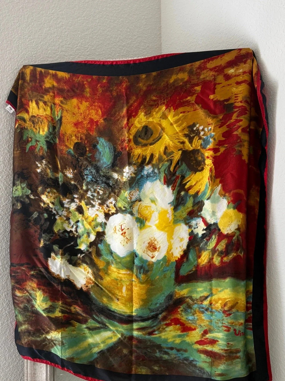 Vintage Dujinsheng 100% Silk Van Gogh Sunflowers Scarf, Made in Hangzhou, China